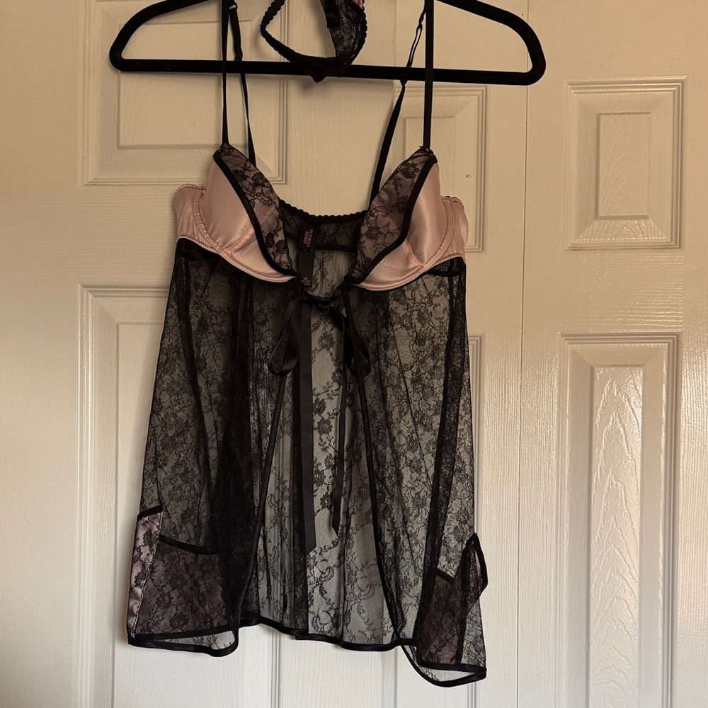 Victoria's Secret Black and Pink Lace Chemise